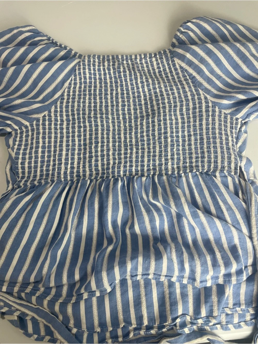 Old Navy Blue and White Striped Wrap Puff Sleeve Top